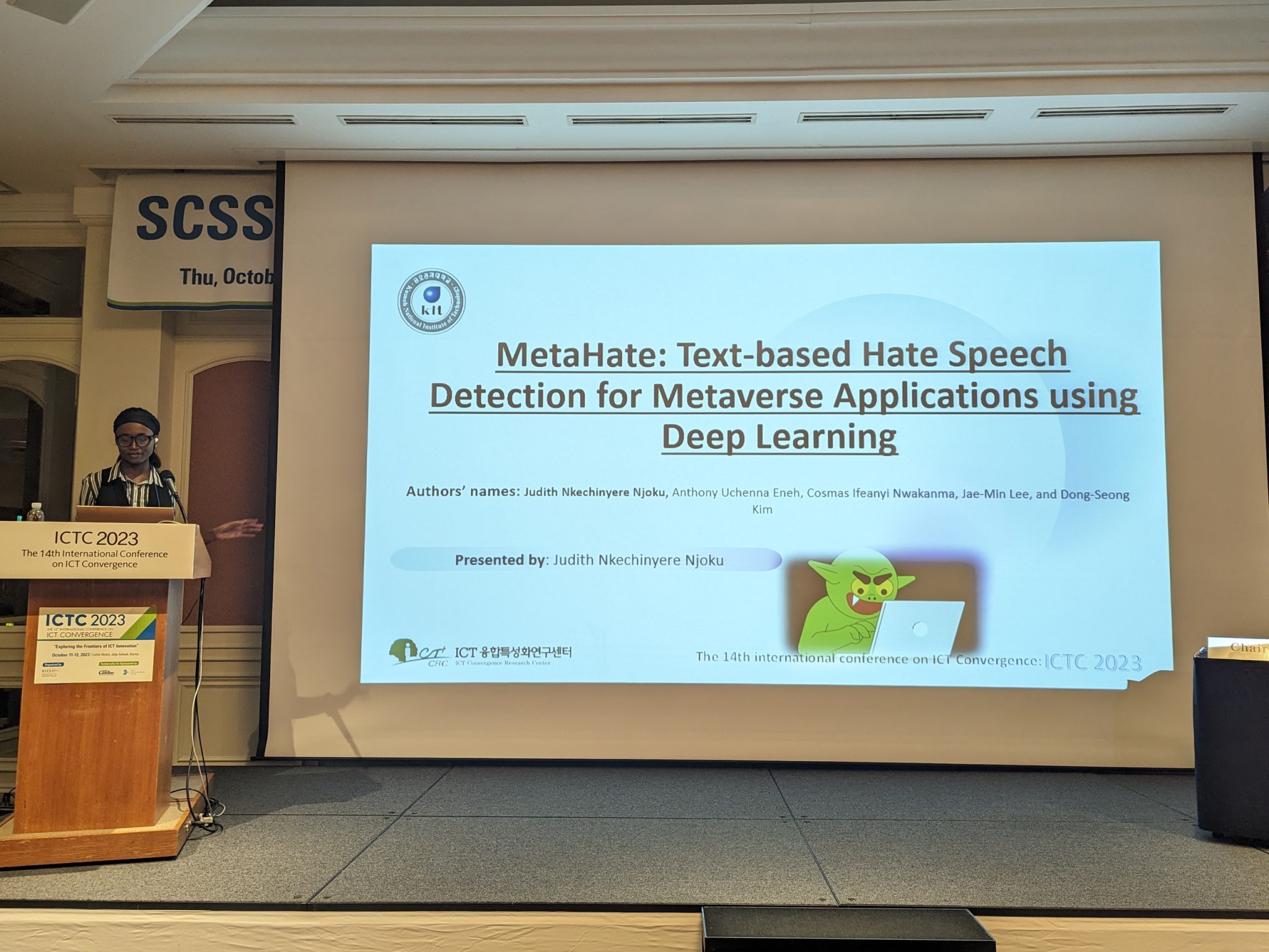 International Conference on Information and Communication Technology Convergence 2023: Presenting MetaHate: Text-based Hate Speech Detection for Metaverse Applications Using Deep Learning at ICTC 2023 on Jeju Island, South Korea.