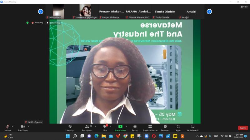 Judith Njoku-Vowels speaking during the virtual Metaverse and The Industry Workshop