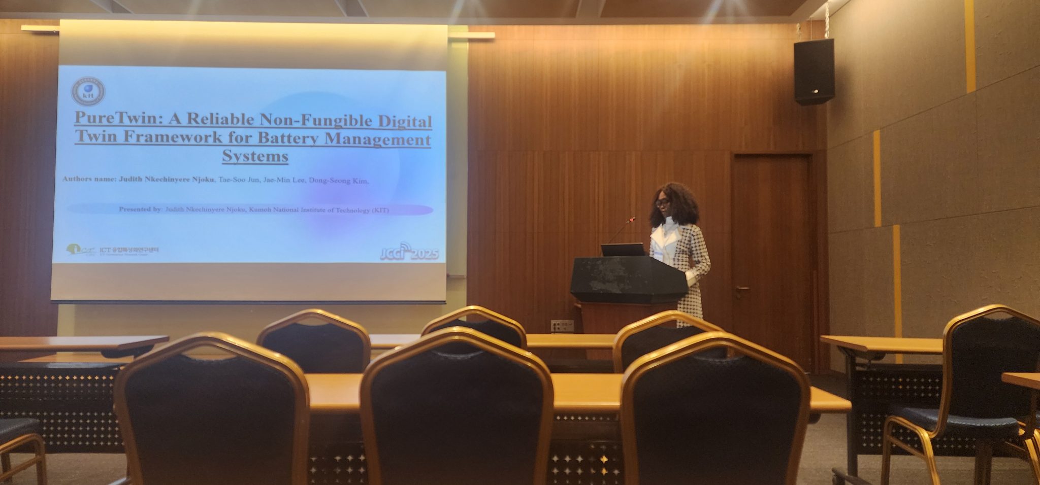 JCCI 2025, 35th Joint Conference on Telecommunications and Information: Presenting PureTwin, an interactive non-fungible digital twin framework for battery management systems, at Sokcho Sonocalm Delpino Resort in South Korea. JCCI 2025 was held April 23 to 25, 2025.
