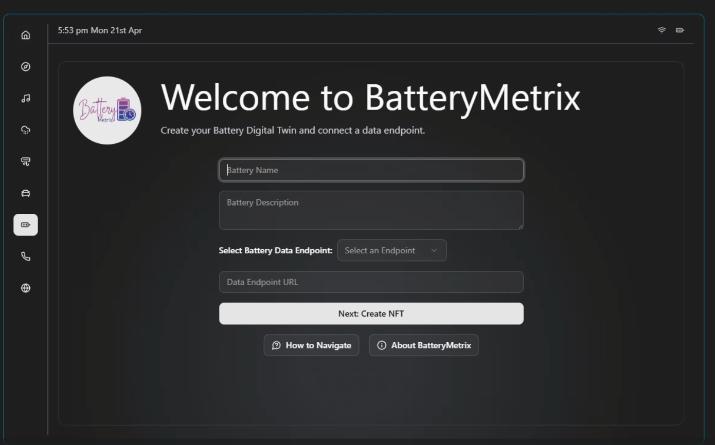 BatteryMetrix digital twin onboarding interface