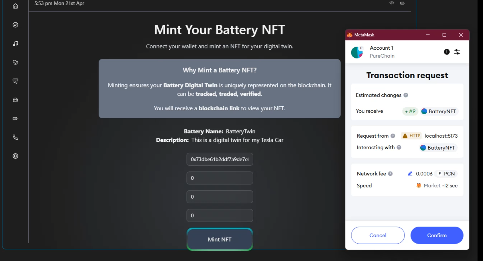 BatteryMetrix secure battery asset minting interface