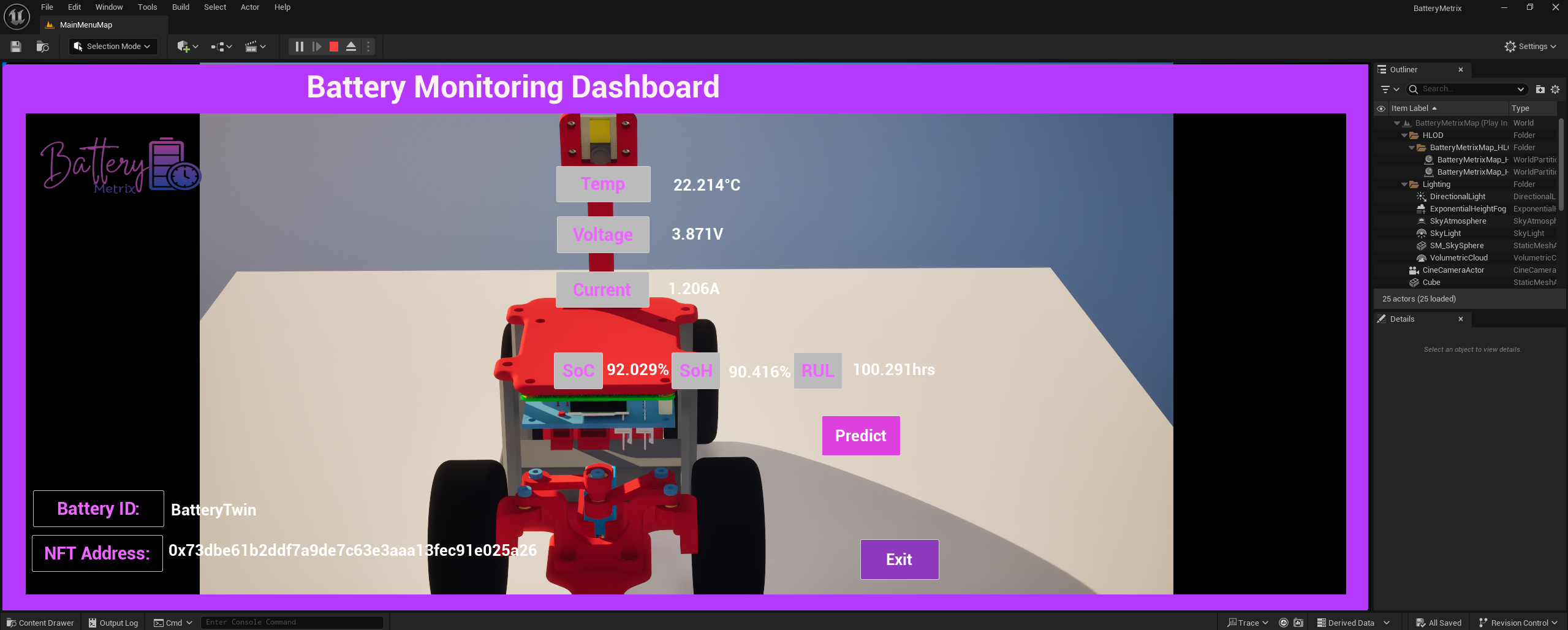 BatteryMetrix immersive battery monitoring dashboard in Unreal Engine