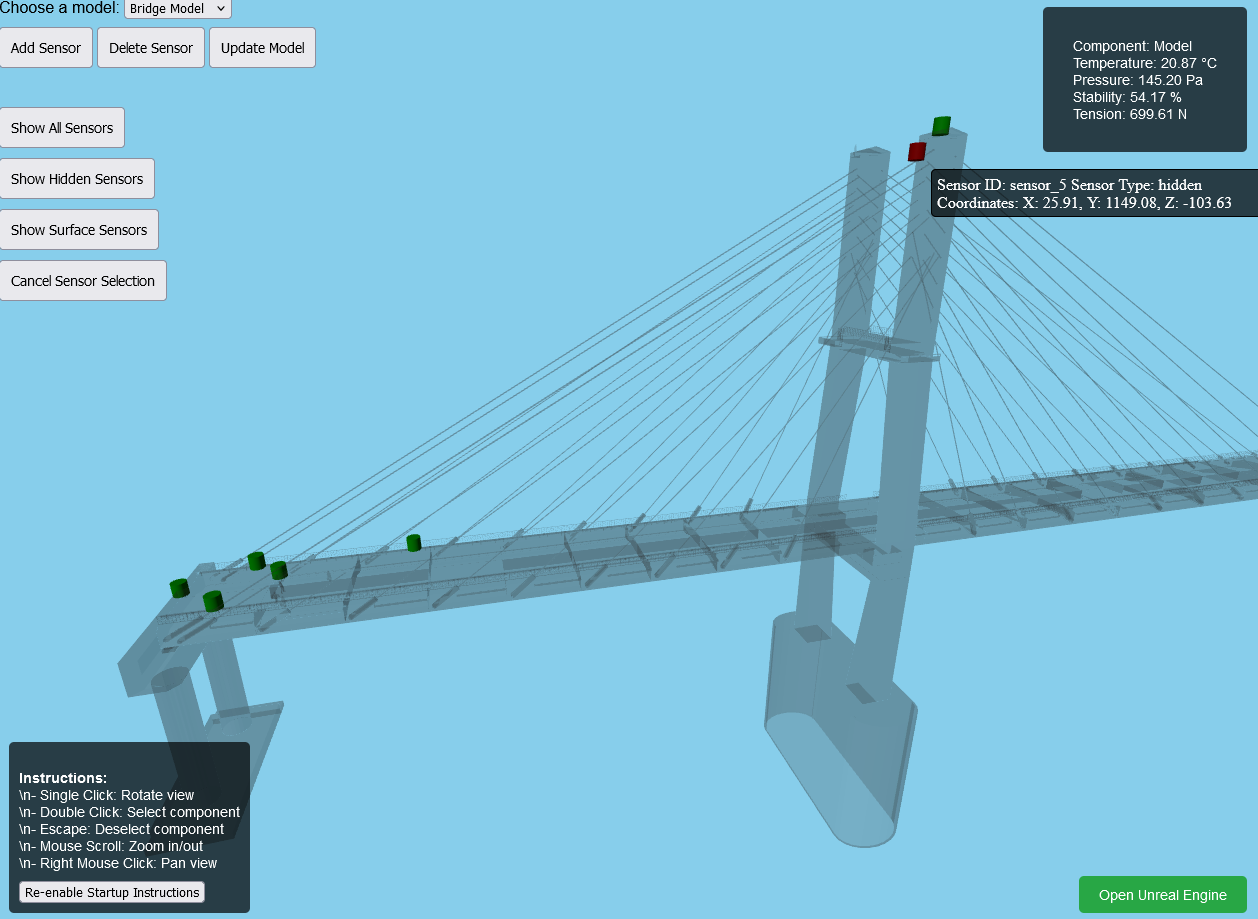 BridgeSync WebGL bridge digital twin with structural sensors