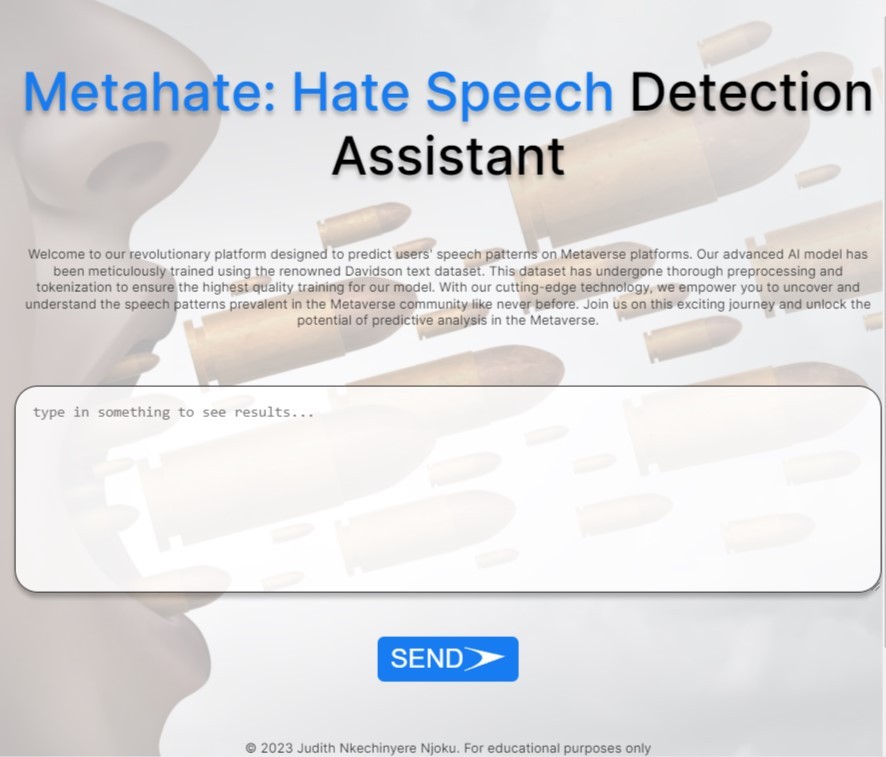 MetaHate web interface for submitting text to the detection model